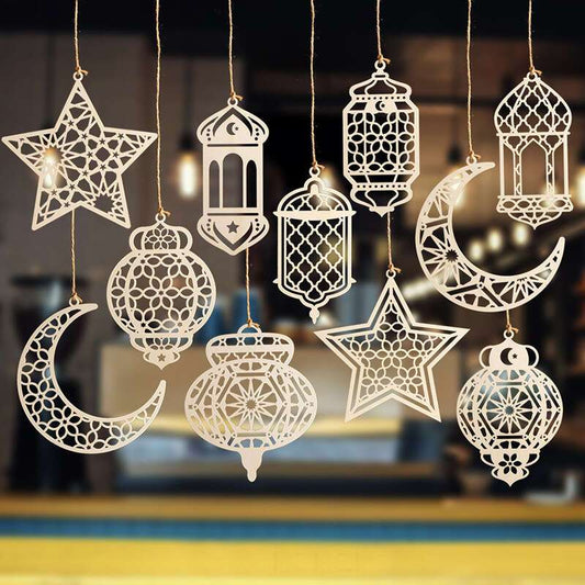مجموعة من 5 قطع من زينة عيد مبارك الخشبية المعلقة، على شكل هلال ونجمة مجوفة، لتزيين حفلات رمضان وعيد الفطر، ولتجميع هدايا يمكنك صنعها بنفسك.