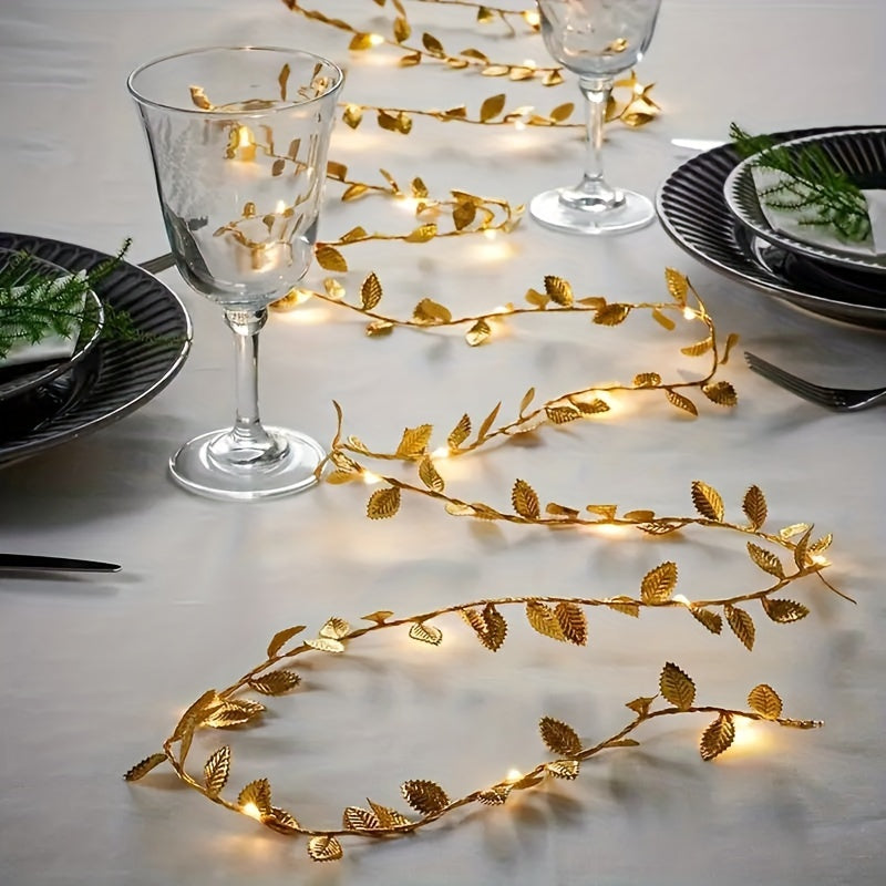 Golden Leaf Garland Fairy Lights | Plastic, Warm White LED, Battery Powered (2 Batteries Not Included), Ideal for Home, Tabletop, Wedding, Ramadan, Special Event Decorations - Featherless, No Batteries Included