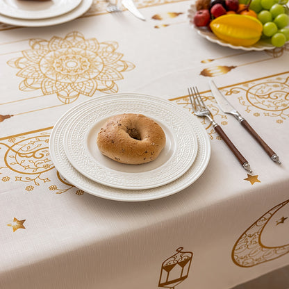 1pc Bohemian Geometric Beige Ramadan Tablecloth, with Golden Moon and Stars Pattern, Washable Rectangular Tablecloth, Suitable for Dinner Party, Table, Party, Festival Celebration Decoration, Eid Decoration, Gift