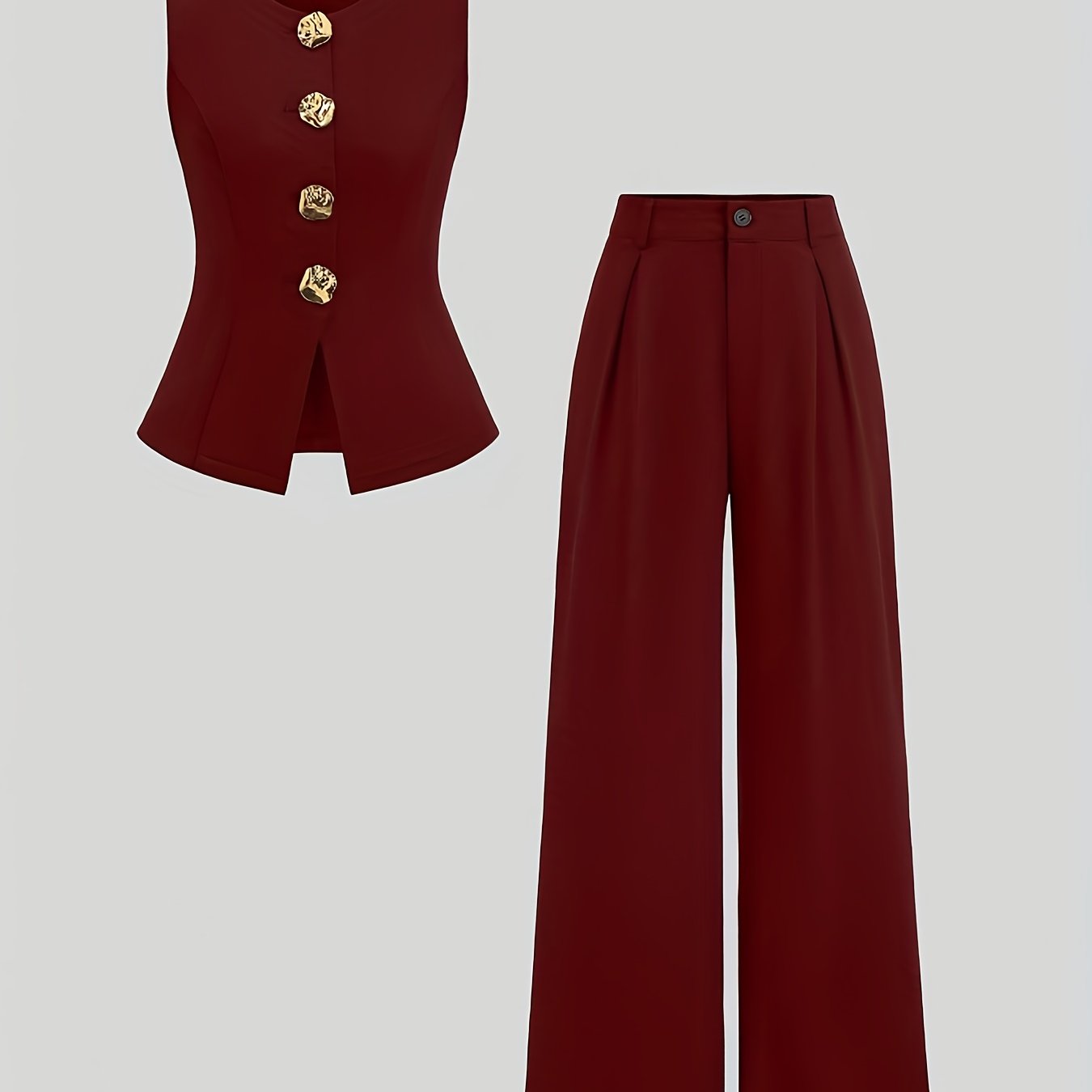 Women’s Elegant Waist-Cinching Vest & Wide-Leg Pants Set – Solid Button-Up Two-Piece Outfit for Office or Casual Wear