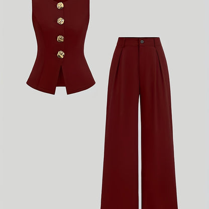 Women’s Elegant Waist-Cinching Vest & Wide-Leg Pants Set – Solid Button-Up Two-Piece Outfit for Office or Casual Wear