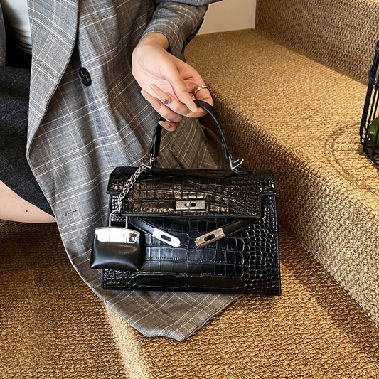 Women’s Luxury Alligator-Texture Handbag – Adjustable Crossbody Strap, Golden-Tone Hardware, Turn-Lock Closure & Reinforced Top Handle, European Collection (Deep Brown/White/Black)