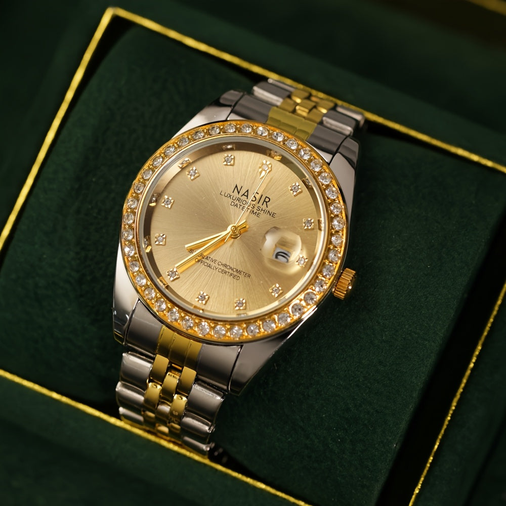 Women’s Luxury Stainless Steel Quartz Watch – Golden-Tone Dial with Crystal Accents, Elegant Round Case for Daily Wear or Special Occasions