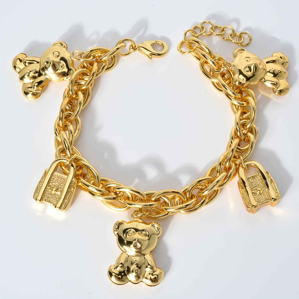 ZEADEAR Golden-Tone Bear & Handbag Charm Bracelet – Cute Copper Jewelry with Teddy Bear and Lock Pendants for Daily Wear or Special Gifts