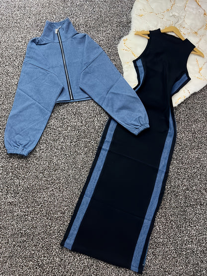 طقم بليزر وفستان نسائي من مجموعة Y2K بألوان متعددة - جاكيت أزرق بأكمام طويلة وسحاب مع فستان بيج بدون أكمام بقصة ضيقة، مناسب للمكتب والشارع في الربيع/الخريف