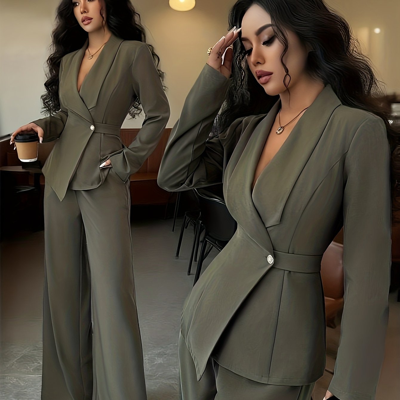 Women’s Elegant Solid Color Pants Suit – Chic Two-Piece Set with Button Details for All-Season Wear