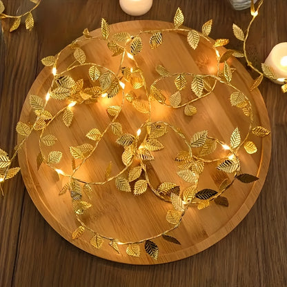 Golden Leaf Garland Fairy Lights | Plastic, Warm White LED, Battery Powered (2 Batteries Not Included), Ideal for Home, Tabletop, Wedding, Ramadan, Special Event Decorations - Featherless, No Batteries Included