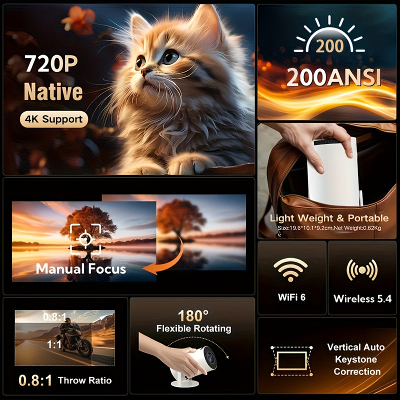 2026 HY300PRO Mini Projector — Portable 720P with WiFi, Bluetooth, 4K Support, Auto Keystone & 180° Rotation, Smart Android 11 for Home or Outdoor Use