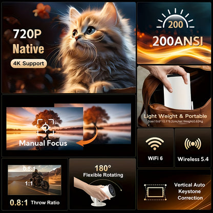 2026 HY300PRO Mini Projector — Portable 720P with WiFi, Bluetooth, 4K Support, Auto Keystone & 180° Rotation, Smart Android 11 for Home or Outdoor Use