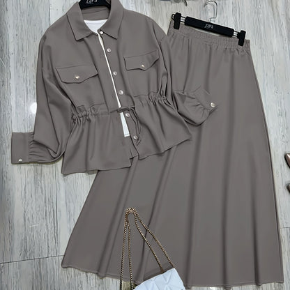 Elegant Women’s Drawstring Waist Top & Skirt Set – Spring/Autumn Collection