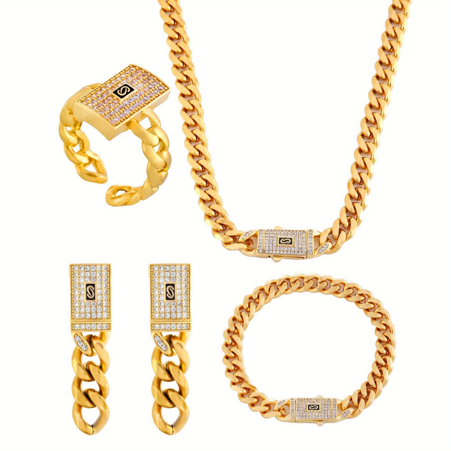 Golden Chain Jewelry Set – Necklace, Bracelet, Earrings & Open Ring with Synthetic Zircon, Punk Hip-Hop Style for Daily Wear & Holiday Gifts