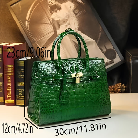 Women's Alligator-Texture Handbag – Elegant Large Tote with Gold Hardware, Zipper Closure & Detachable Strap