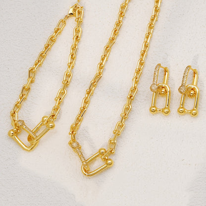 Women’s Elegant Interlocking Micro-Inlay Jewelry Set – Earrings, Necklace & Bracelet with Chain Design, Light Luxury Style for Weddings & Valentine’s Day