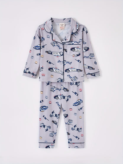 Random 4-Piece (2 Sets) Boys’ Dinosaur Print Shirt & Elastic-Waist Pants – Polyester Cartoon Pajama/Home Wear Sets for Ages 2–7, Spring/Autumn/Winter