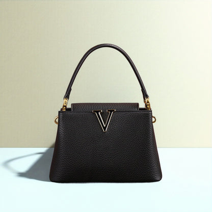 Women’s Elegant V-Logo Handbag – Textured Grained Leather Purse with Golden-Tone Hardware & Detachable Strap, Perfect for Everyday or Formal Wear