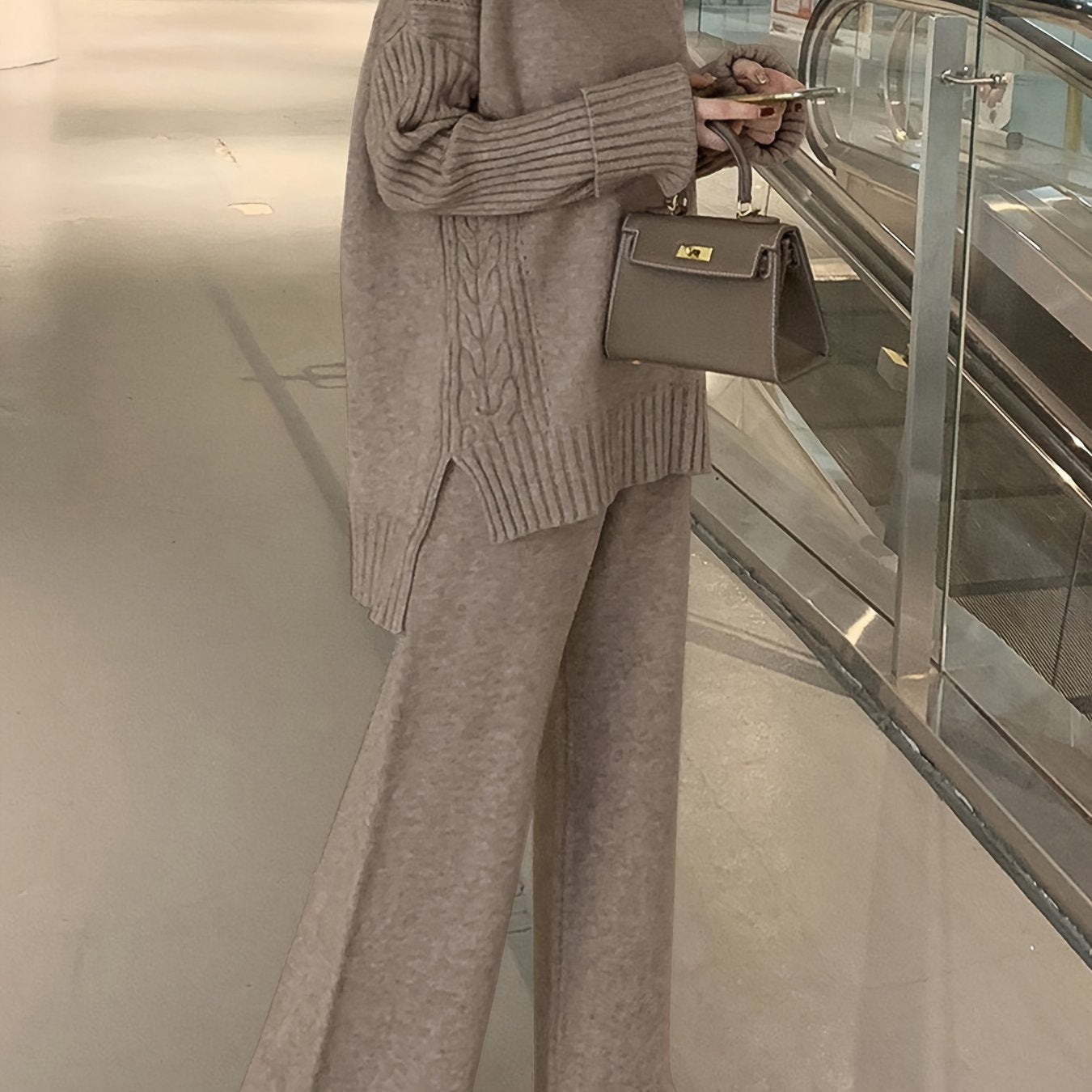 Autumn & Winter Sweater Set – Elegant High-Neck Top with Wide-Leg Pants, Solid Color Casual Chic Outfit