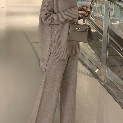 Autumn & Winter Sweater Set – Elegant High-Neck Top with Wide-Leg Pants, Solid Color Casual Chic Outfit
