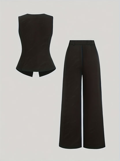 Women’s Elegant Waist-Cinching Vest & Wide-Leg Pants Set – Solid Button-Up Two-Piece Outfit for Office or Casual Wear
