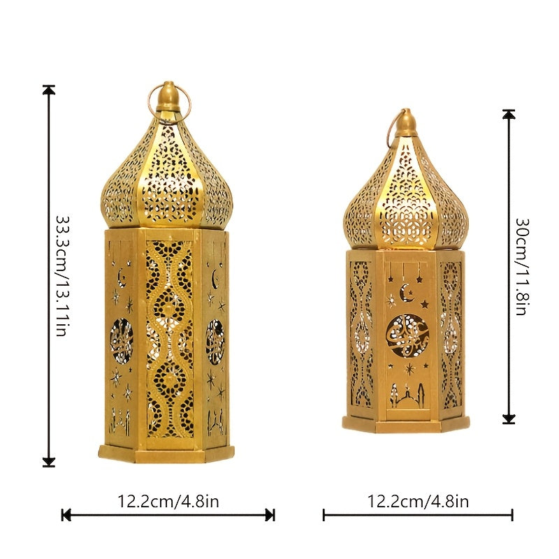 1pc Moroccan Style LED Lantern - Battery-Powered with 3 AAA Batteries (Not Included), Intricate Iron Design with Crescent Moon & Stars, Warm Glow for Ramadan Eid Weddings Home Decor, Tabletop Decoration | Decorative LED Lante