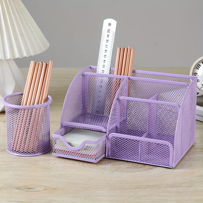 2-Piece Mesh Desk Organizer Set with Sticky Note Holder – Expandable Rustproof Iron Caddy for Home, Office & School Supplies (Black, Green, Pink, Purple)