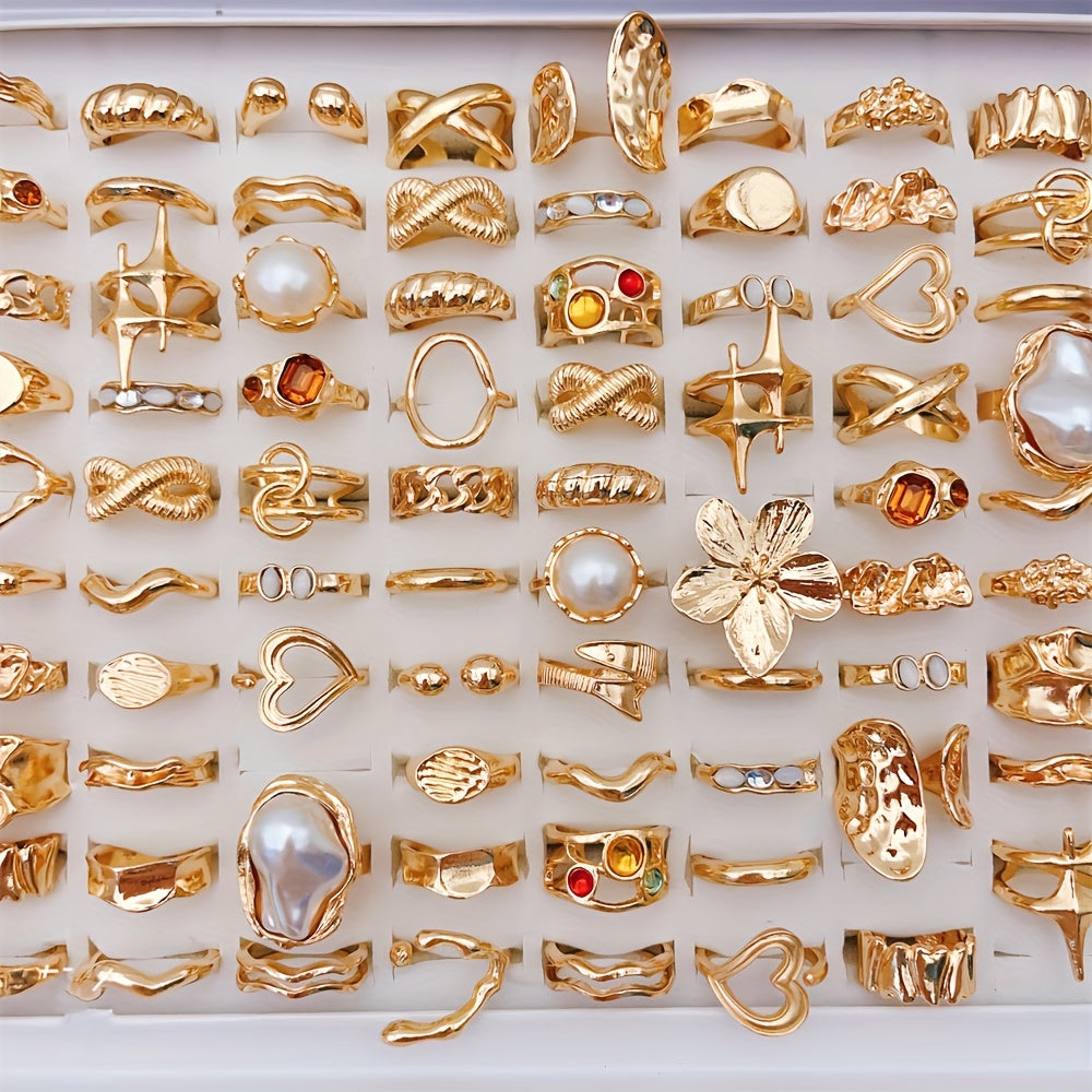 33-Piece Large Flower Ring Set for Women – Mixed Hollow Designs with Colorful Rhinestones & Irregular Heart Shapes, Perfect for Parties & Friendship Gifts