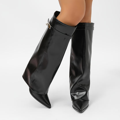 Women's Western Cowboy Boots – Chunky Heel, Pointed Toe, Buckle Detail & Slip-Resistant Sole, Stylish All-Season White Boots