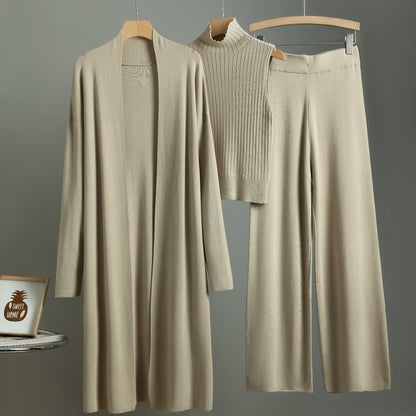 طقم بدلة شتوية منسقة للنساء من ثلاث قطع - كارديجان طويل كبير الحجم، سترة بياقة عالية وبنطلون واسع الساق، لون بيج مع حواف بيضاء، طقم مطاطي ومتعدد الاستخدامات للعمل أو الحفلات، قابل للغسل اليدوي