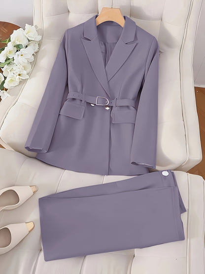 بدلة أنيقة بلون واحد من البليزر مع حزام وبنطال طويل - ملابس مكتب أنيقة لربيع/صيف للنساء مع جيوب