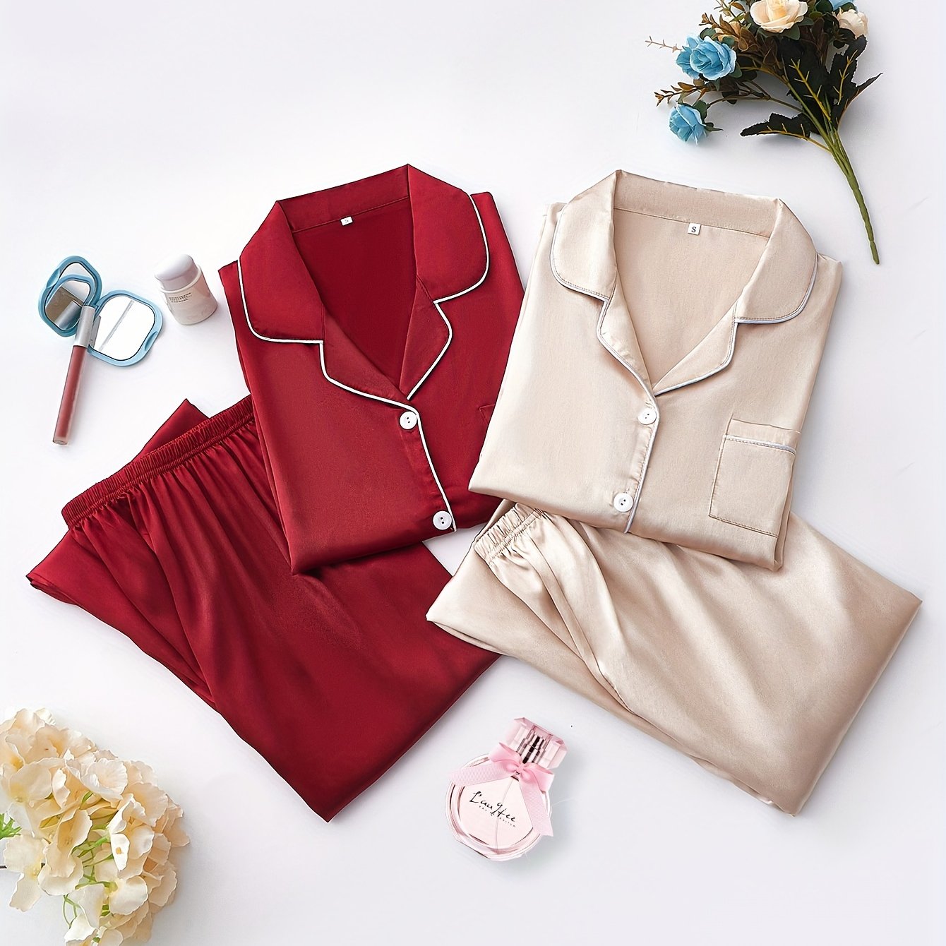 Women’s 2-Set Satin Pajama Collection – Long-Sleeve & Long-Pants Solid Color Sleepwear with Turned Collar and Elegant Button Detailing for Autumn/Winter