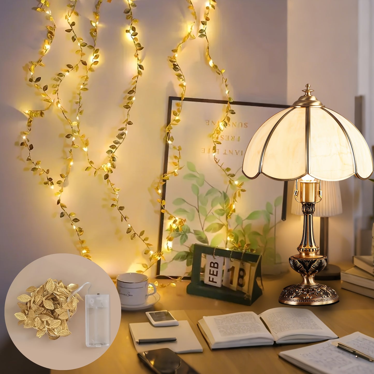 Golden Leaf Garland Fairy Lights | Plastic, Warm White LED, Battery Powered (2 Batteries Not Included), Ideal for Home, Tabletop, Wedding, Ramadan, Special Event Decorations - Featherless, No Batteries Included