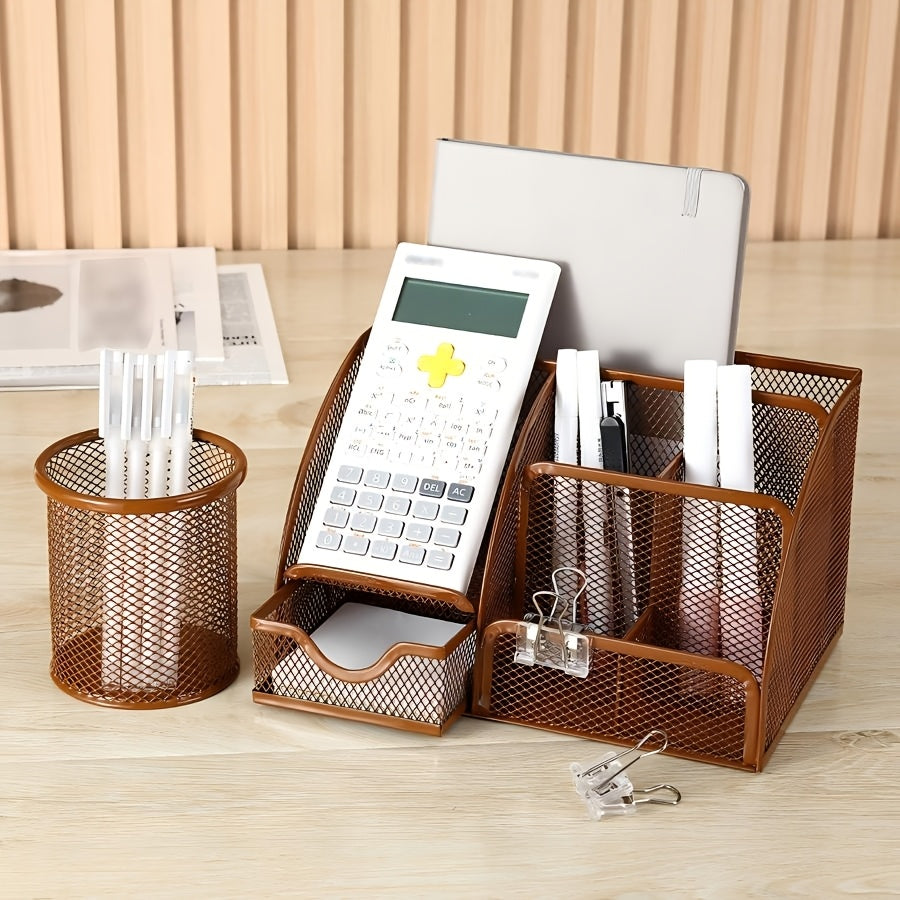 2-Piece Mesh Desk Organizer Set with Sticky Note Holder – Expandable Rustproof Iron Caddy for Home, Office & School Supplies (Black, Green, Pink, Purple)