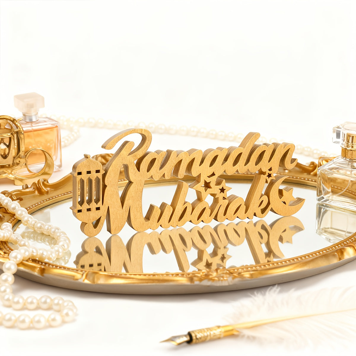 This Set of 2pcs Features Golden Wooden Decorations for Ramadan And Eid, Incorporating Symbols of Both "Ramadan Mubarak" And "Eid Mubarak." It Covers The Entire Period from Ramadan Blessings to Eid Celebrations, Suitable for
