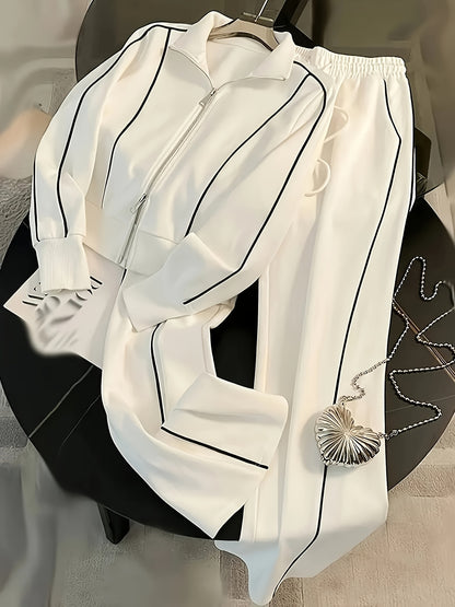 طقم نسائي من قطعتين، جاكيت بسحاب متعدد الألوان وبنطلون برباط، مناسب للربيع والخريف