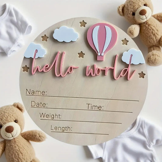 2D Flat, 1pc Vintage Kids Bulletin Board - Faux Wood Gender Reveal Sign with Weight and Length Chart, Name/Date/Time/Weight Tracker in Soft Pink & Golden Decor Suitable for Baby Shower Newborns Birthday Party, 2D Flat Design