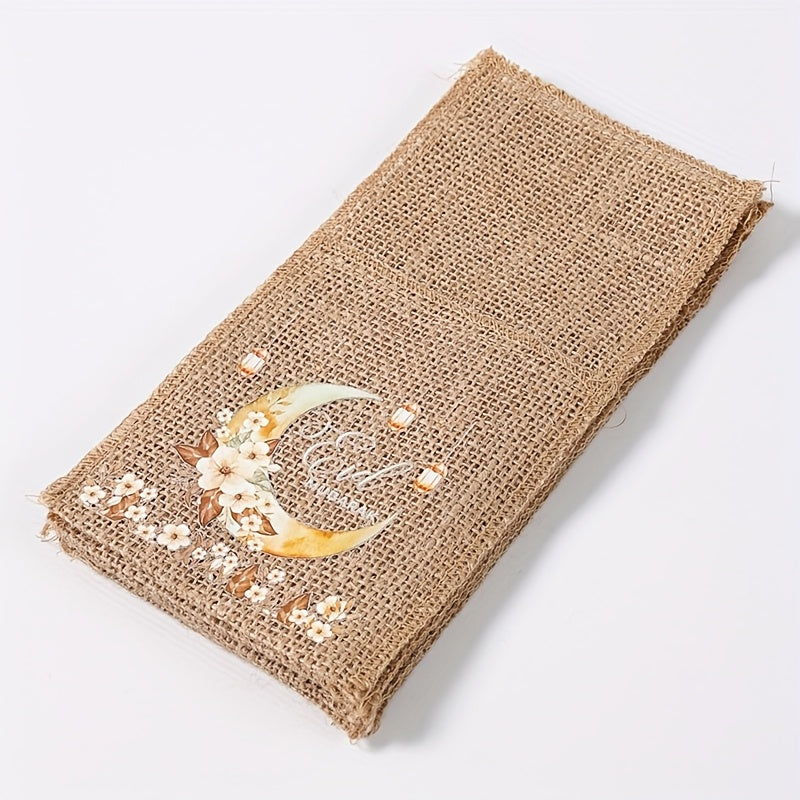 Set of 5 Eid-Themed Linen Bags Featuring Moon Lanterns And Flowers, Perfect for Ramadan Celebrations. These Burlap Bags Are Ideal for Eid Mubarak Decorations at Home And for Islamic Muslim Party Supplies, Including Tableware