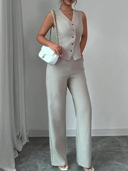 Women’s Sleeveless Cinched-Waist Vest & High-Waisted Wide-Leg Pants Set – Elegant Solid-Color Summer Two-Piece Outfit