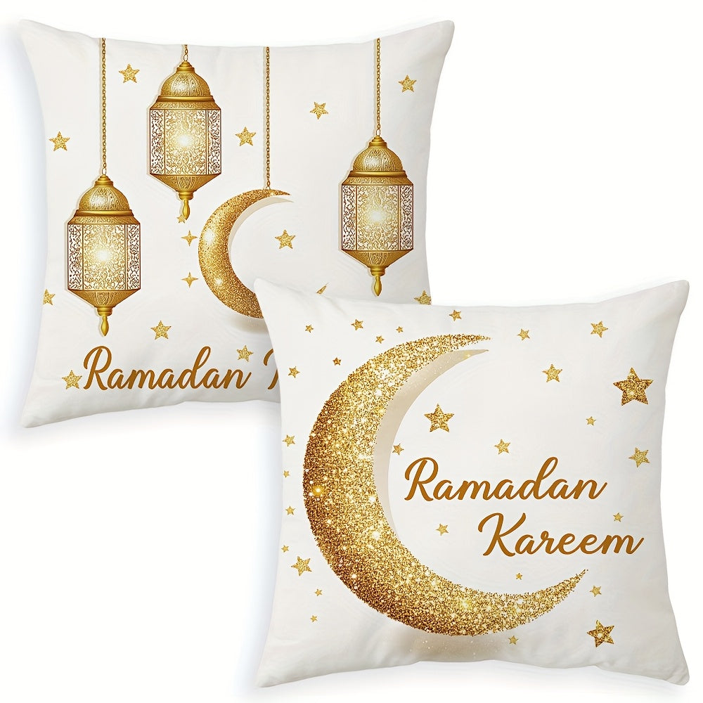 2pcs Ramadan Kareem Decorative Cushion Covers - Golden Crescent & Lantern Design, Polyester Zipper Pillow Covers for Living Room Sofa, Contemporary Home Decor, Hand Wash Only, No Filling Included, Decorative Pillows