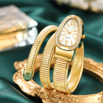 Women’s Elegant Serpentine-Design Quartz Watch – Golden-Tone Alloy Strap with Roman Numerals, Stylish Daily Wear Timepiece