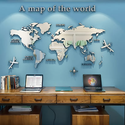 ملصق حائط خريطة العالم الأكريليكي ثلاثي الأبعاد من WINDIR - جدارية زخرفية فضية DIY (71 × 40 بوصة) لغرفة المعيشة وغرفة النوم والمكتب وديكور جدار التلفزيون