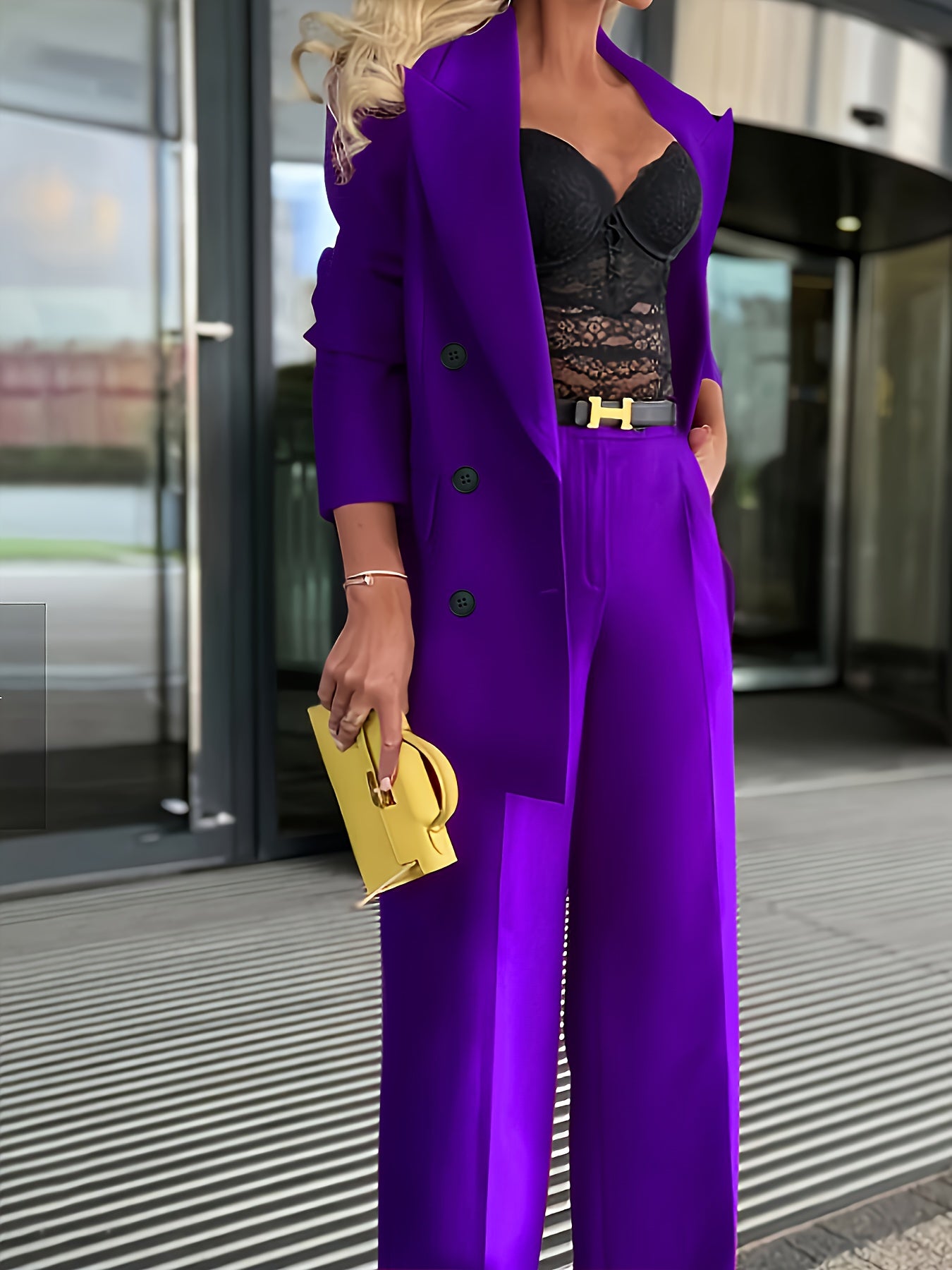 Women's Casual Double-Breasted Blazer and Straight-Leg Pants Suit Set