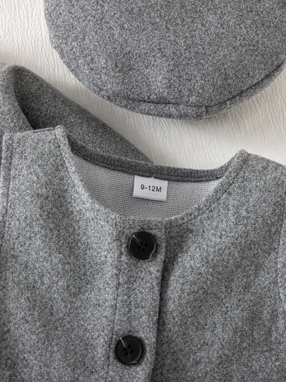 3-Piece Winter Baby Dress Set – Jacket, Vest Dress & Matching Hat with Bow and Button Details, Soft Cozy Outfit for 1st Birthdays & Christenings (Grey)