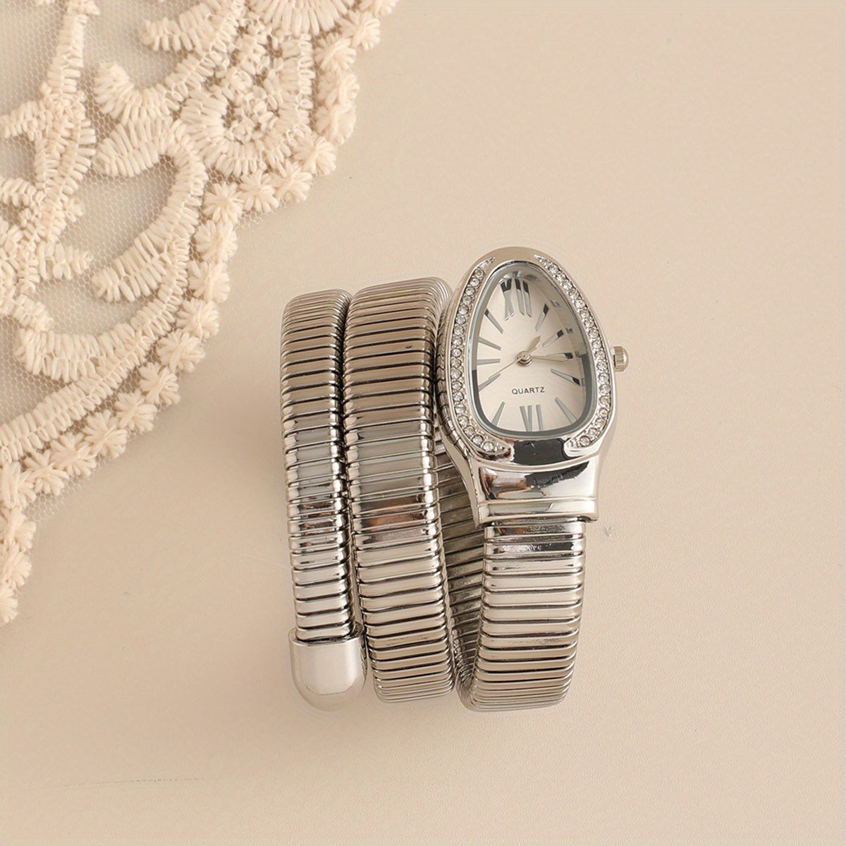 Women’s Snake-Shaped Wrap Watch with Crystals – Elegant Golden & Rose Gold Metal Band, Oval Dial, Quartz Movement, Sophisticated Fashion Timepiece