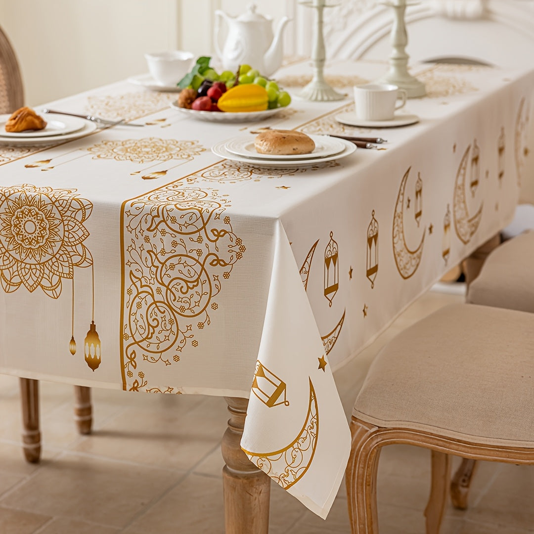1pc Bohemian Geometric Beige Ramadan Tablecloth, with Golden Moon and Stars Pattern, Washable Rectangular Tablecloth, Suitable for Dinner Party, Table, Party, Festival Celebration Decoration, Eid Decoration, Gift