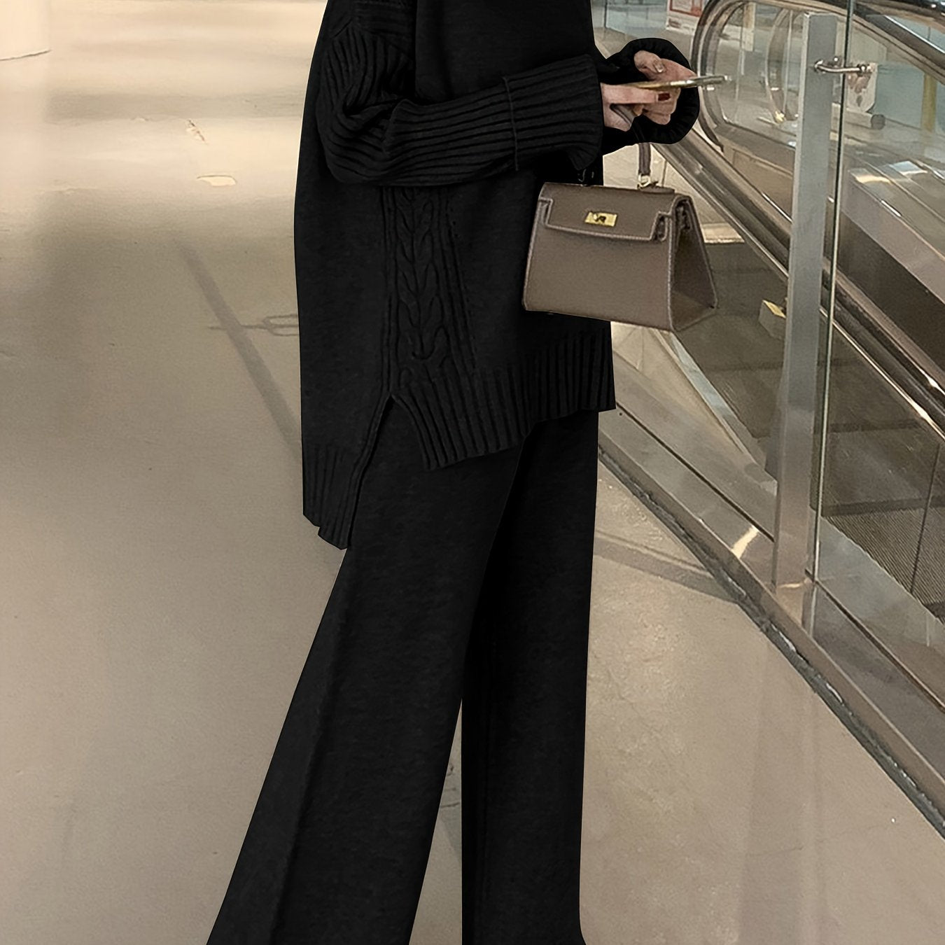 Autumn & Winter Sweater Set – Elegant High-Neck Top with Wide-Leg Pants, Solid Color Casual Chic Outfit