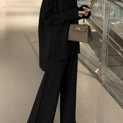 Autumn & Winter Sweater Set – Elegant High-Neck Top with Wide-Leg Pants, Solid Color Casual Chic Outfit