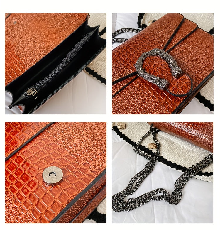 Women’s Luxury Crocodile-Embossed Crossbody Bag – Vintage Faux Leather Shoulder Purse with Adjustable Chain Strap, Zipper & Snap Closure, G-Style Design