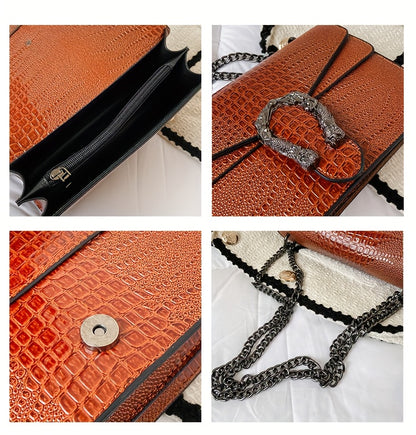 Women’s Luxury Crocodile-Embossed Crossbody Bag – Vintage Faux Leather Shoulder Purse with Adjustable Chain Strap, Zipper & Snap Closure, G-Style Design