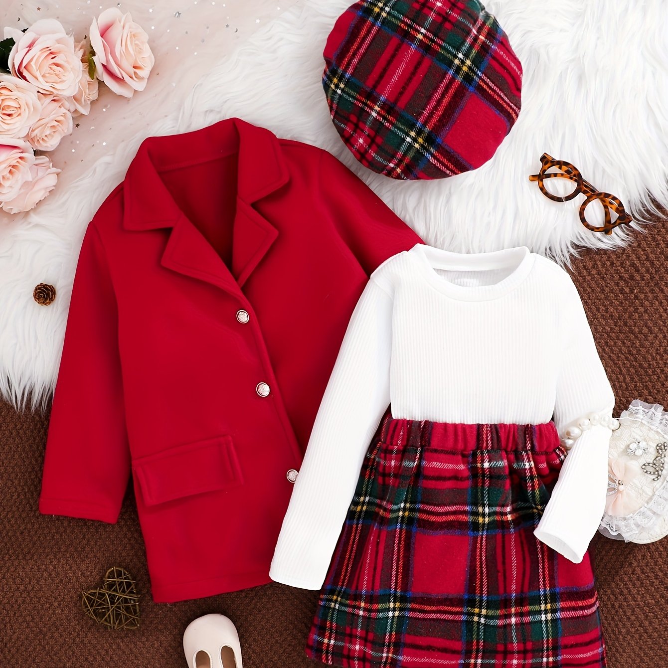 Girls’ 4-Piece Autumn/Winter Fashion Set – Button-Up Coat, Ribbed Long-Sleeve Top, Checkered Elastic-Waist Skirt & Matching Beret