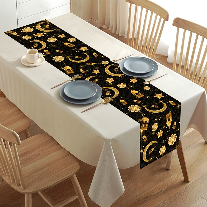 1pc Eid Mubarak Table Runner | Moon Star Sun Design Black Golden Table Runner, Ramadan Kareem Table Decor, Polyester Rectangle, Ramadan Decorations For Home, Muslim Party Decoration Eid Al Adha Gifts