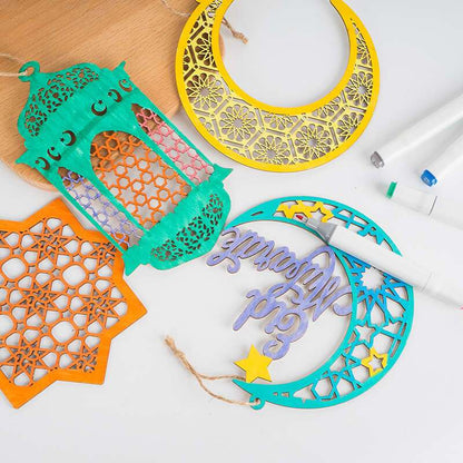 5pcs/set Eid Mubarak Wooden Hanging Ornaments Hollowed Moon Star Pendant for Ramadan Eid al-Fitr Party Decoration DIY Painting Gifts